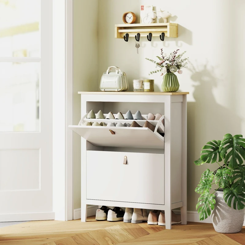 Image of HOMCOM HOMCOM Narrow Shoe Cabinet with 2 Flip Doors, Removable and Adjustable Shelves in White Size: Small White Small Unisex 5063603892187