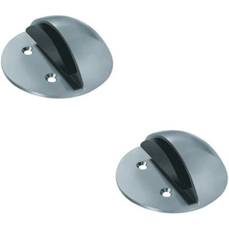 Image of Loops 2x Floor Mounted Half Moon Doorstop with Rubber Buffer 80mm Dia Satin Steel Metallics