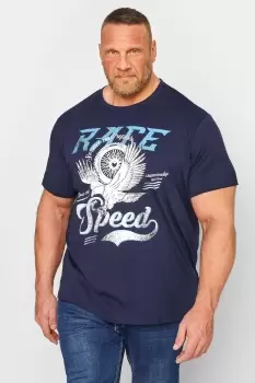 Image of Big & Tall Navy Blue Eagle Print 'Race' Slogan T-Shirt