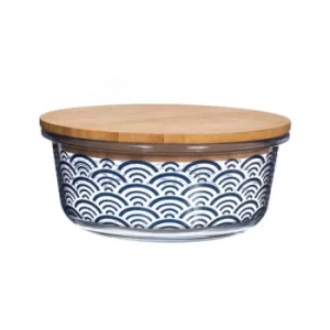 Image of Sass & Belle Blue Wave Glass Container With Bamboo Lid