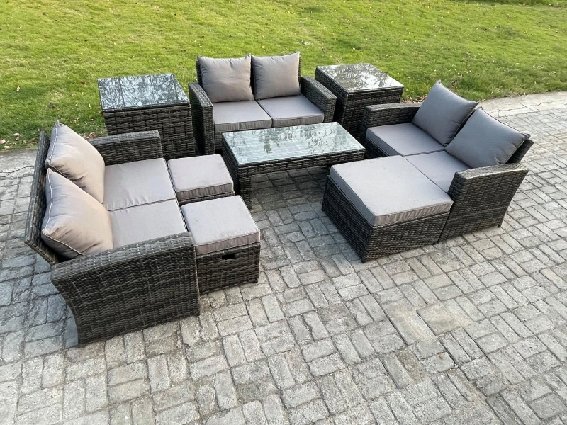 Image of Fimous Outdoor U Shape Sofa Set Rattan Garden Furniture Set with Coffee Table Double Seat Sofa 3 Footstools in Dark Grey Dark Grey Unisex