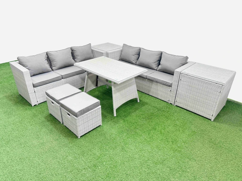 Image of Fimous 8-seater Patio Rectangular Table 3 Seater Sofa Set with 2 Side Tables in Light Grey Light Grey Unisex