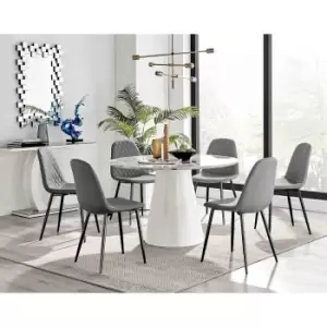 Image of Furniture Box Palma White Marble Effect Round Dining Table and 6 Grey Corona Black Leg Chairs