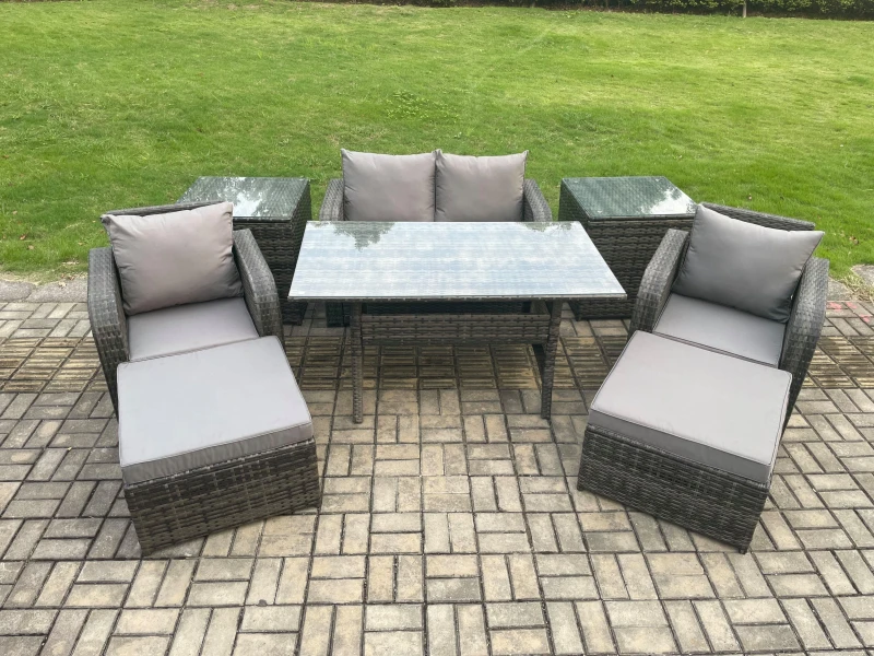 Image of Fimous Rattan Outdoor Garden Furniture Set Rectangular Dining Table And Chair Sofa Set With 2 Side Tables For Terrace