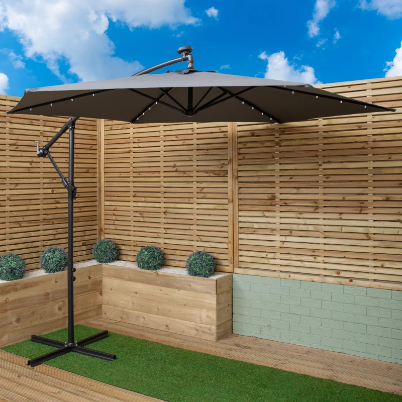 Image of Samuel Alexander 3m Solar Powered Cantilever Lit Garden Parasol with Crank Handle & White LED Lights in Grey