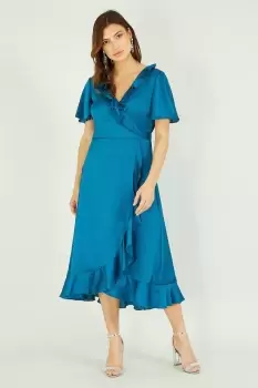Image of Yumi Teal Satin Wrap Midi Dress