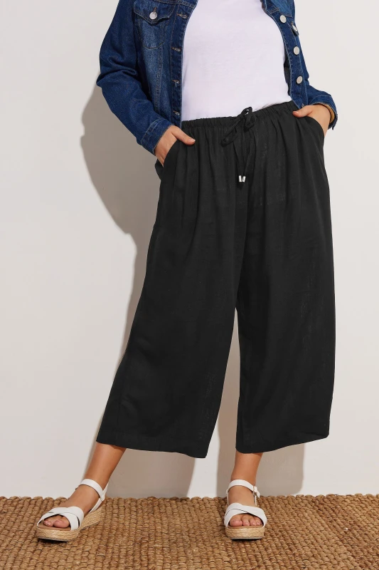 Image of Yours Womens Cropped Wide Leg Linen Trousers in Black Size: 26-28 Black Female 26-28