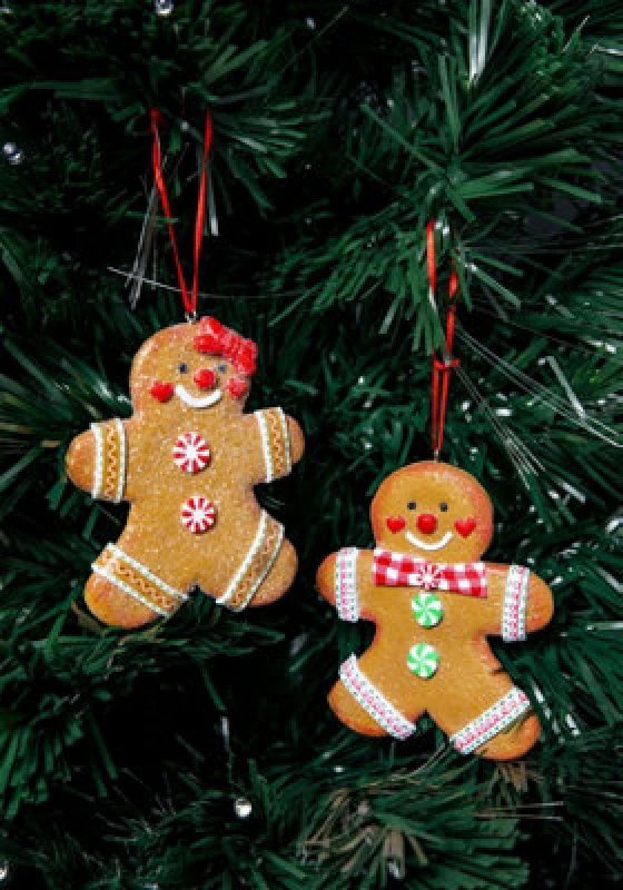 Image of Shatchi Christmas Tree Hanging Decorations Traditional Gingerbread Cookie Couple Man & Lady Yellow
