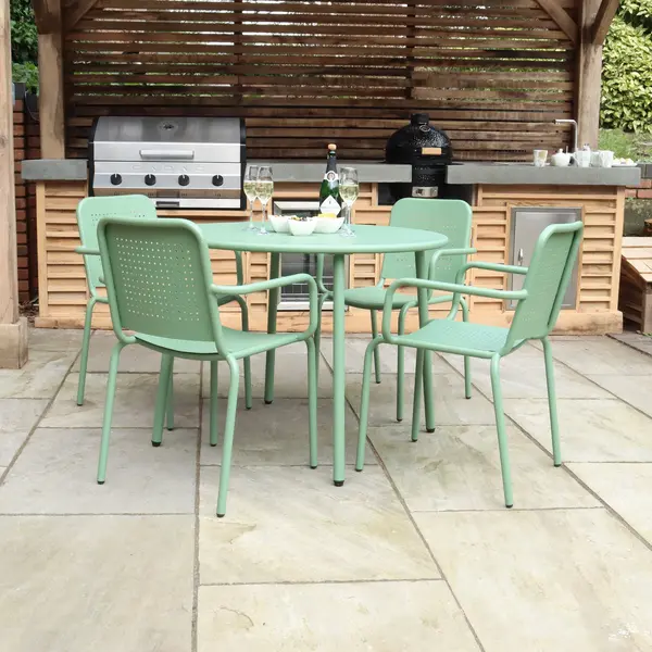 Image of Porto 4 Seater Round Dining Set with Stacking Chairs Olive