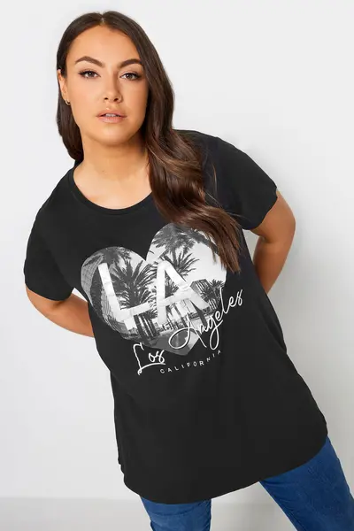 Image of Yours Foil Puff Printed La Slogan T-Shirt, Black, Size 18, Women