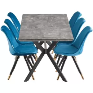 Image of 7 Pieces Life Interiors Sofia Blaze Dining Set - an Ash Extendable Rectangular Wooden Dining Table and Set of 6 Blue Dining Chairs - Blue