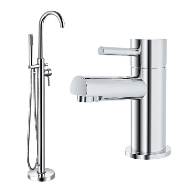 Image of Nes Home Chrome Modern Freestanding Bath Shower Mixer Tap With Shower Kit + Basin Sink Mono Tap in Silver Silver Unisex