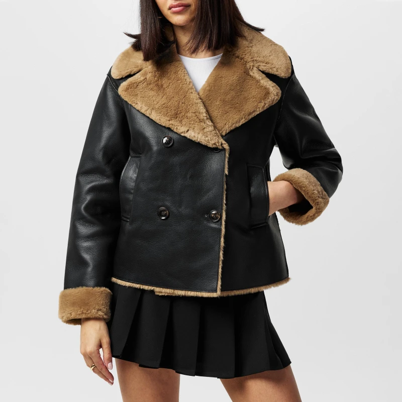 Image of French Connection Womens Cerys Structured Faux Fur Coat 01-Blackout- female 10 (S)