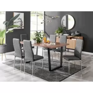 Image of Furniture Box Kylo Brown Wood Effect Dining Table and 6 Grey Velvet Milan Chairs