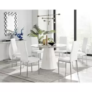Image of Furniturebox Palma White Marble Effect 120cm Round Minimalist Dining Table & 6 White Milan Chrome Leg Faux Leather Chairs