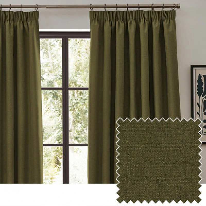 Image of Furn Furn Dawn Blackout Pencil Pleat Curtain Pair in Olive Size: 117cm width x 137cm drop Olive 117cm width x 137cm drop Unisex 5025532854414