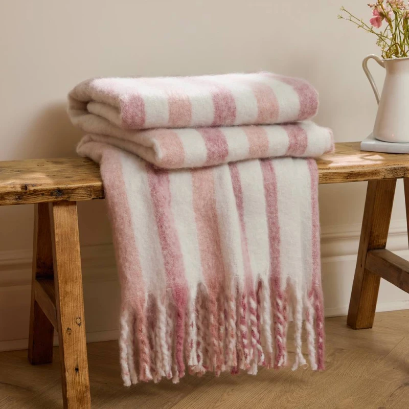 Image of Wylder Beechwood 100% Cotton Woven Stripe Throw in Pink Size: 140cm x 180cm Pink Unisex 140cm x 180 cm