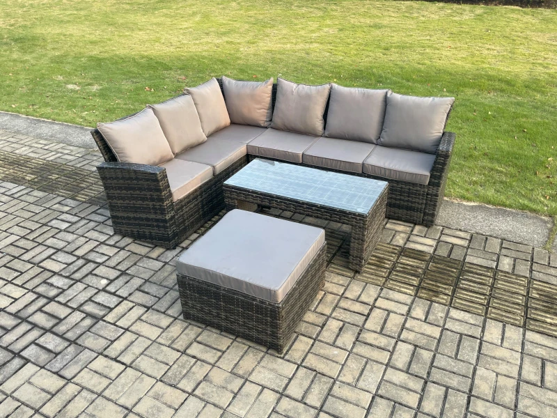 Image of Fimous 7 Seat Rattan Garden Furniture Corner Sofa Set Outdoor Patio Sofa Table Set with Big Footstool Dark Grey Mixed Dark Grey