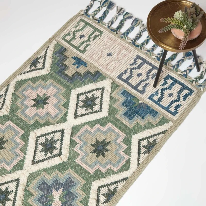 Image of Homescapes Matala Green & Blue Kilim Wool Rug Green