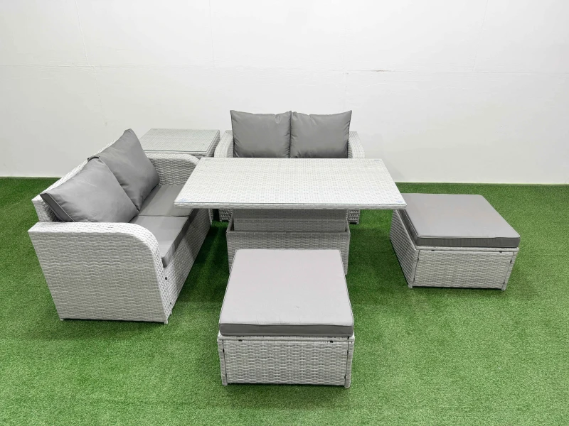 Image of Fimous 6 Seater Outdoor Love Sofa Set Rattan Garden Furniture Set with Adjustable Lifting Dining or Coffee Table 2 Footstool Side Table Light Grey Lig