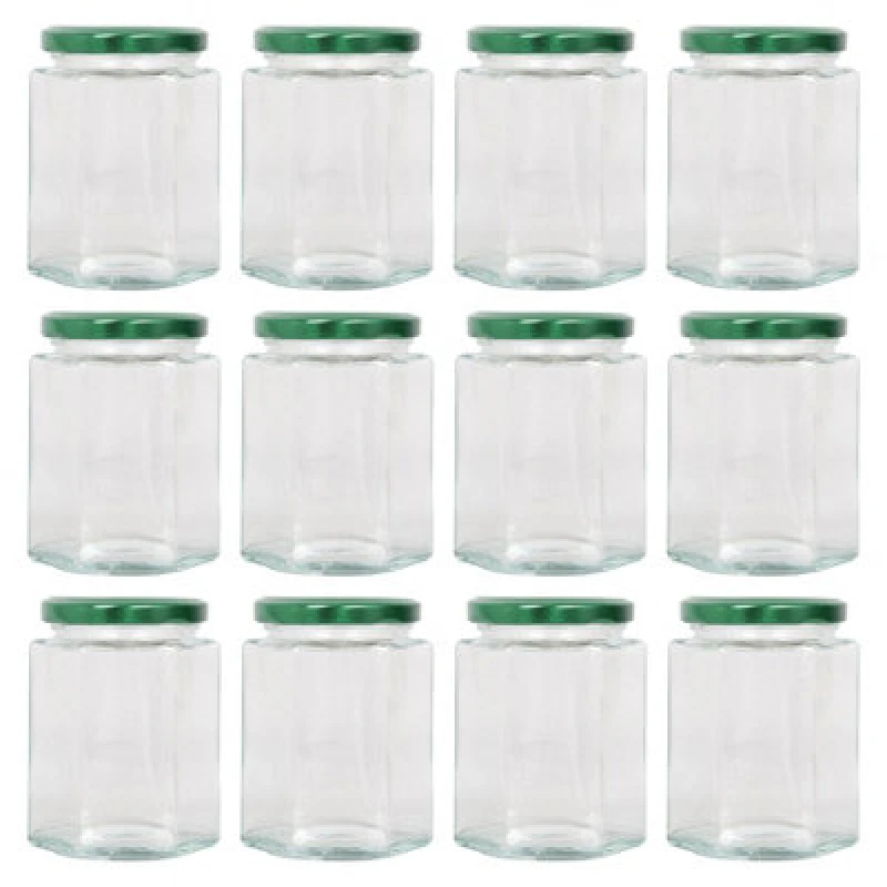 Image of Argon Tableware Hexagonal Glass Jam Jars With Green Lids - 250ml - Pack Of 12