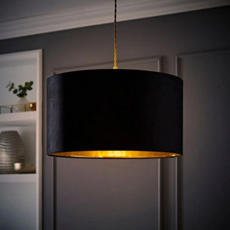 Image of ValueLights ValueLights Reni Black Velvet with Gold Inner Easy Fit Ceiling Lamp Shade and Bulb Size: Large Black Large Unisex 5059406062216