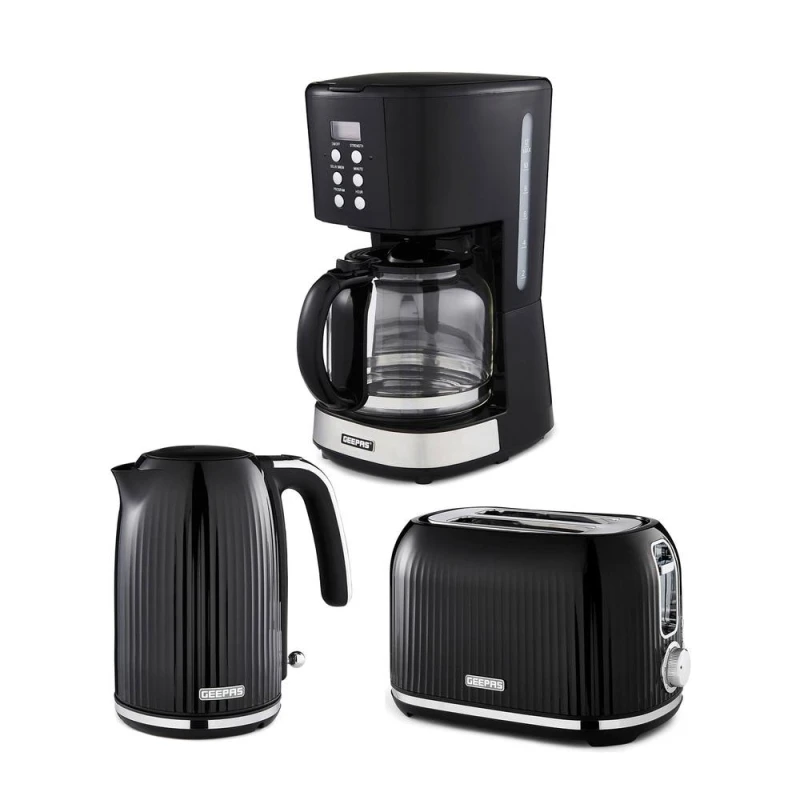 Image of Geepas Fluted 1.7L Kettle & Toaster Set with 1.5L Filter Coffee Machine in Black Unisex