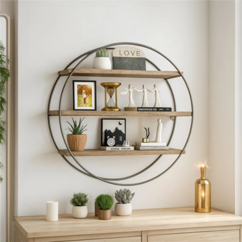 Image of Rafaelo Mobilia Industrial Wooden 3 Tier Round Floating Shelf