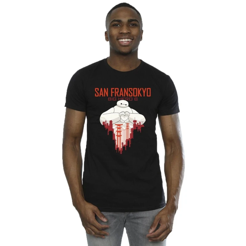 Image of Disney Men Big Hero 6 Baymax San Fransokyo Heart T-Shirt in Black Size: Small Black S Male 5059934881921