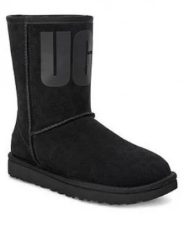 Image of UGG Classic Short Rubber Logo Calf Boots - Black, Size 5, Women