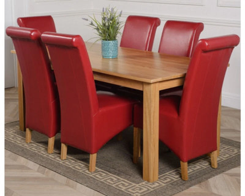 Image of Thats Furniture Oslo 180 x 90cm Large Oak Dining Table & 6 Montana Leather Chairs in Red Red Unisex 180 x 90 cm