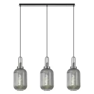 Image of Luminosa Linear 3 Light Pendant E27 With 20cm Tubular Ribbed Glass, Smoked Polished Nickel, Matt Black