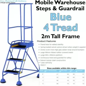Image of 4 Tread Mobile Warehouse Steps & Guardrail Blue 2m Portable Safety Stairs