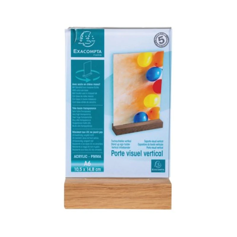 Image of Exacompta Exacompta Portrait Stand Up Sign Holder A6 with Wood Base 86258D 86258D