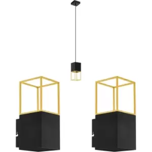 Image of Ceiling Pendant Light & 2x Matching Wall Lights Black & Gold Sqaure Shade Lamp