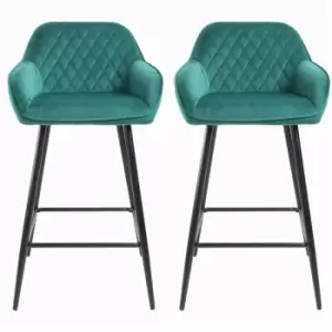 Image of Set of Two Madrid Green Crushed Velvet Bar Stools Black Metal Leg