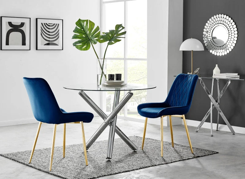 Image of FurnitureboxUK FurnitureboxUK Selina Round Glass Chrome Leg Dining Table and Pesaro Gold Leg Chairs in Navy Size: 2 Person Navy 2 Person Unisex 5056
