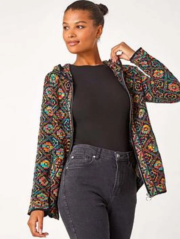 Image of Roman Womens Aztec Zip Front Hooded Cardigan Size: 16 Multicolor Female 16