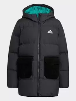 Image of Boys, adidas Badge Of Sport Long Length Down Jacket, Black, Size 4-5 Years