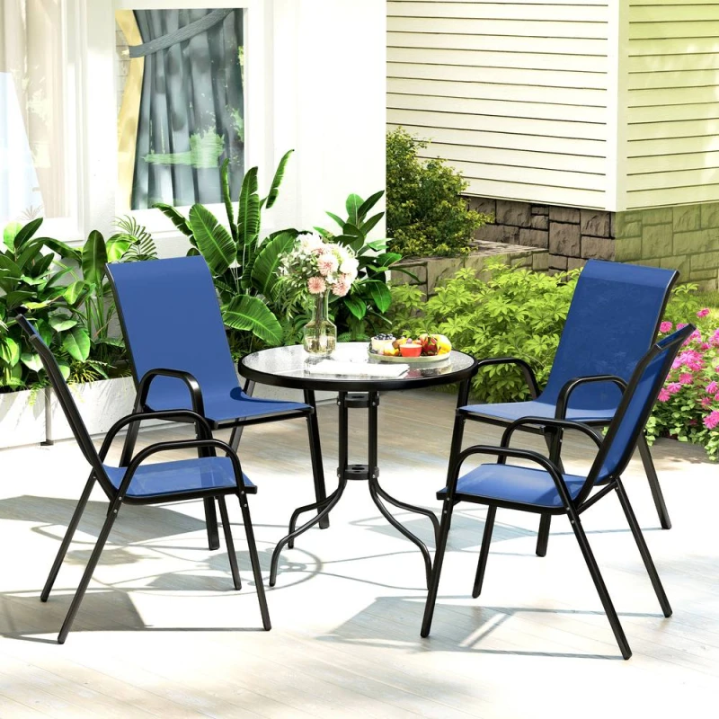 Image of OUTSUNNY 5 PCs Garden Furniture Set, Round Table & Stackable Chairs, Blue in Dark Blue Size: 80cm x 80cm Dark Blue Unisex 80cm x 80 cm
