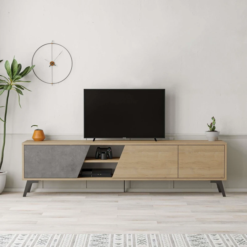Image of DECORTIE Decortie - Fiona Modern tv Stand Multimedia Centre tv Unit With Storage Cabinet 180cm - Oak / Retro Grey - Oak / Retro Grey M.TV.23530.4