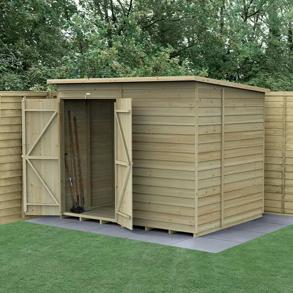 Image of 8' x 6' Forest 4Life 25yr Guarantee Overlap Pressure Treated Windowless Double Door Pent Wooden Shed (2.51m x 2.04m)