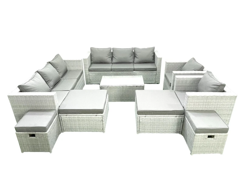 Image of Fimous 9 Pieces Rattan Garden Furniture Set Outdoor Garden Sofa Chair Coffee Table Set with 4 Footstools Light Grey Mixed Light Grey