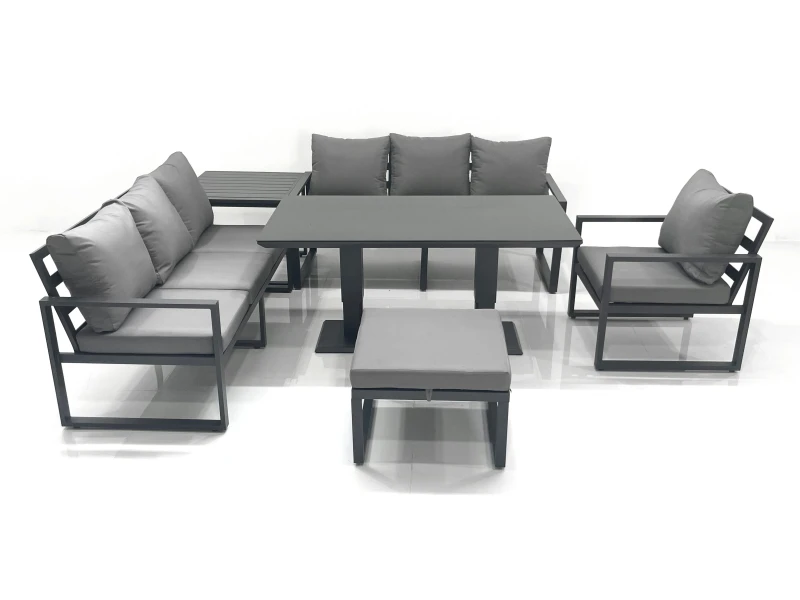 Image of Fimous Outdoor Garden Furniture Set Aluminium Lounge Sofa Adjustable Rising Lifting Dining Table Sets with Big Footstool Side Table Dark Grey Dark Gre