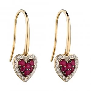 Image of 9ct Yellow Gold Earrings Ruby And Diamond Heart Drop Gold Earrings GE2284R