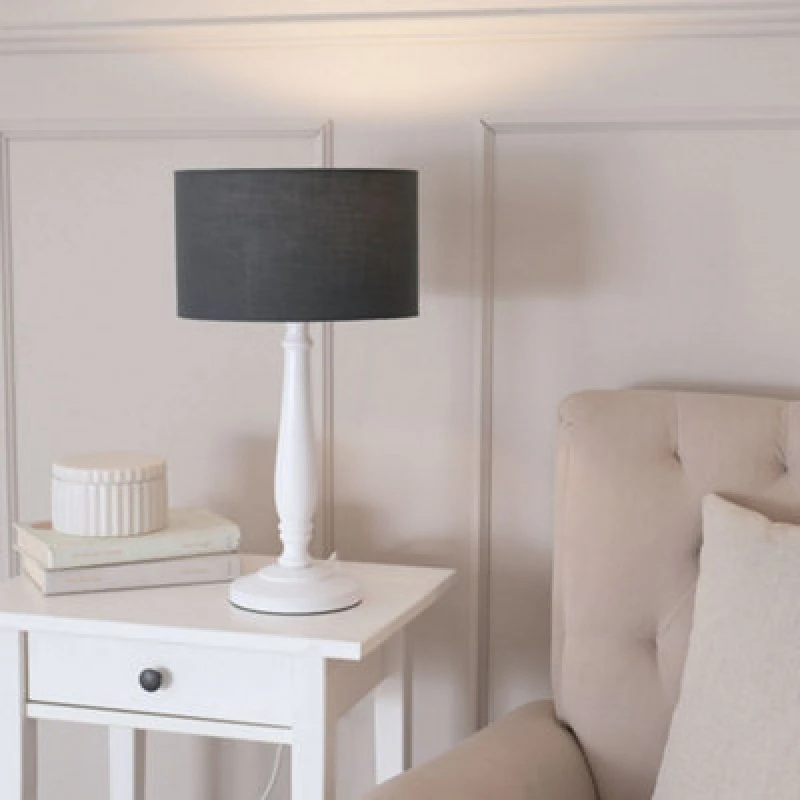 Image of ValueLights Victoria White Wood Traditional Stem Table Lamp with Fabric Drum Shade Charcoal