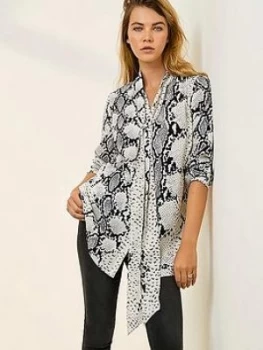 Image of Mint Velvet Josephine Snake Print Tie Neck Longline Blouse - Ivory