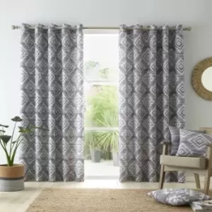 Image of Aztec Geo Print 100% Cotton Lined Eyelet Curtains, Charcoal, 90 x 90" - Catherine Lansfield