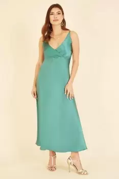 Image of Green Satin Strappy Wrap Dress
