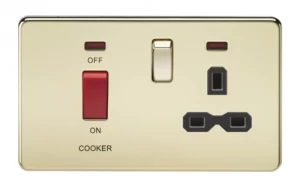 Image of KnightsBridge 45A 2G DP 230V Screwless Polished Brass Electric Switch With Neon and Socket - Black Insert